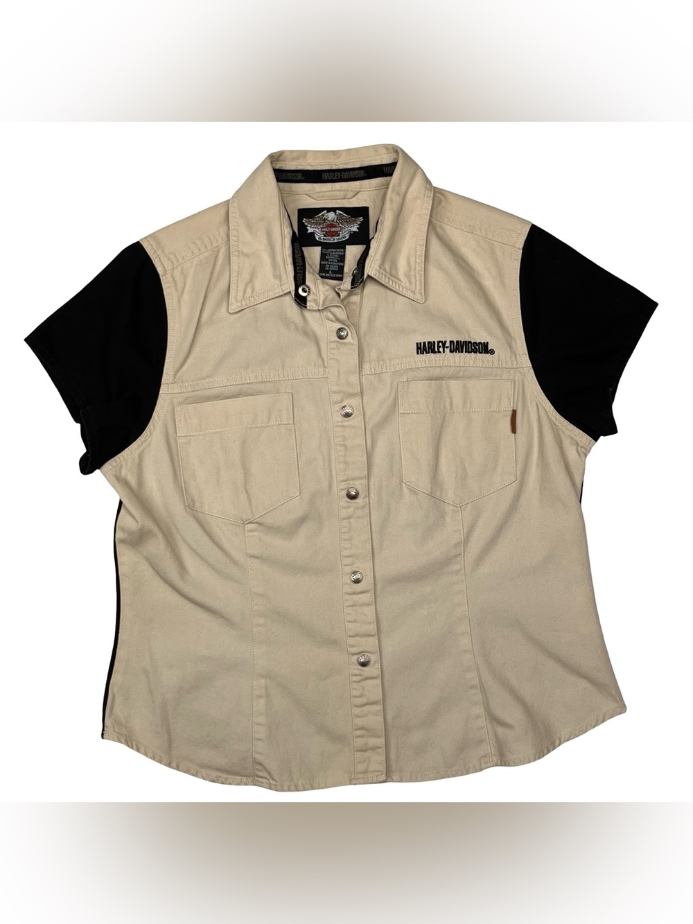 Harley-Davidson Beige and Black Short Sleeve Button-Up Work Shirt